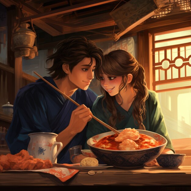 Uitzicht op mensen die genieten van heerlijk eten tijdens een reünie-diner in anime-stijl