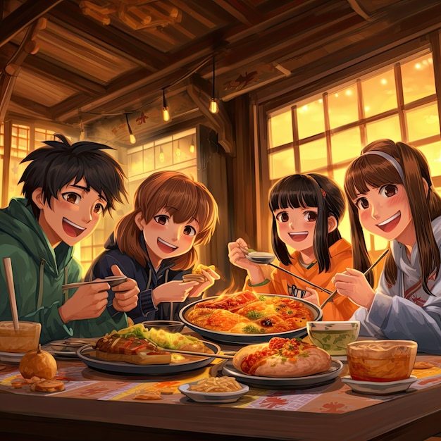 Gratis foto uitzicht op mensen die genieten van heerlijk eten tijdens een reünie-diner in anime-stijl