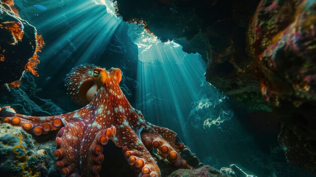 Uitzicht op octopus in zijn natuurlijke onderwaterhabitat