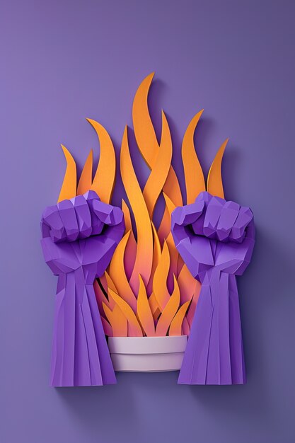 Uitzicht op paarse vuisten met vuur voor vrouwendagviering
