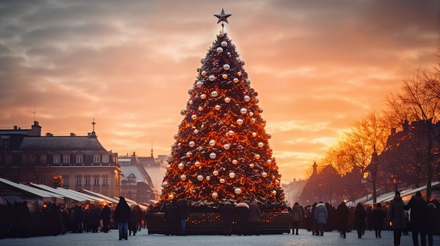 Gratis foto uitzicht op prachtig versierde kerstboom buiten