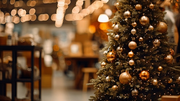 Gratis foto uitzicht op prachtig versierde kerstboom in bar of restaurant