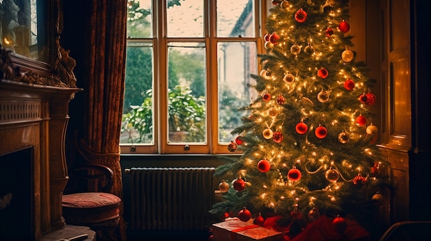 Gratis foto uitzicht op prachtig versierde kerstboom in huis