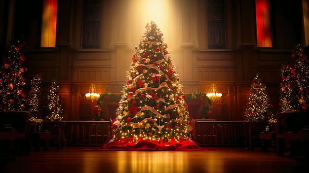 Uitzicht op prachtig versierde kerstboom in huis