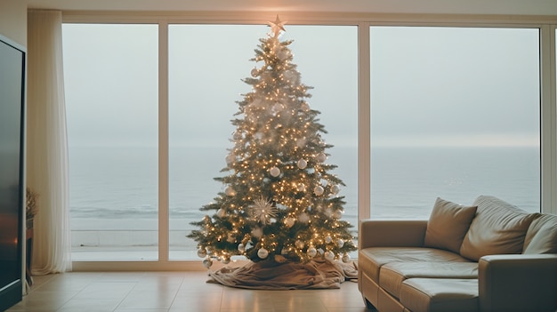 Gratis foto uitzicht op prachtig versierde kerstboom in huis