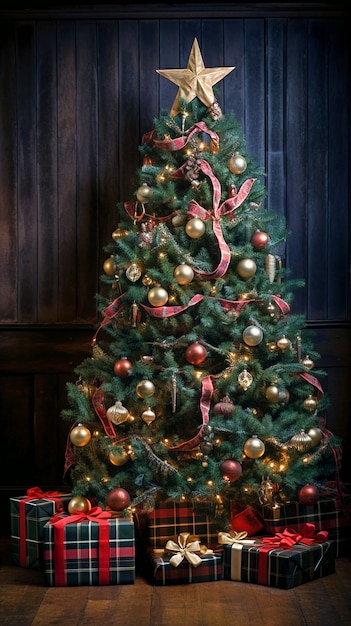 Gratis foto uitzicht op prachtig versierde kerstboom