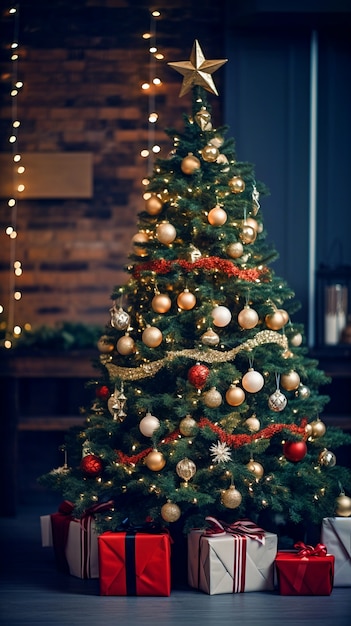 Uitzicht op prachtig versierde kerstboom