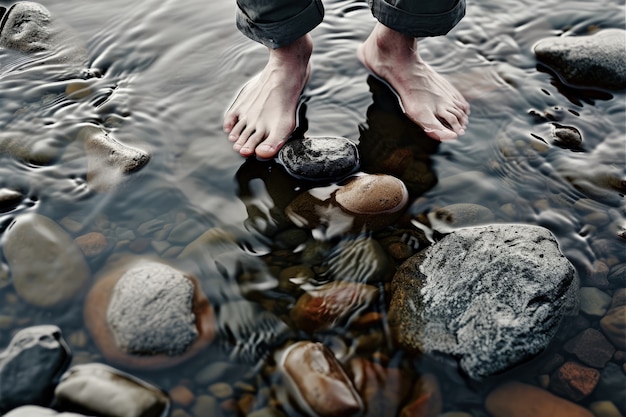 Gratis foto uitzicht op realistische voeten die helder stromend water aanraken