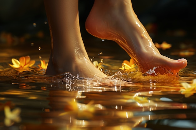 Uitzicht op realistische voeten die helder stromend water aanraken