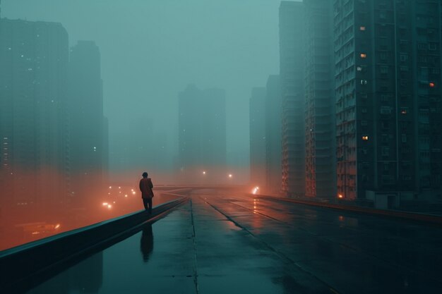 Uitzicht op stedelijke donkere stad met mist