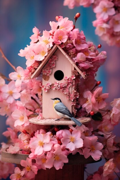 Uitzicht op vogelhuis met bloeiende voorjaarsbloemen