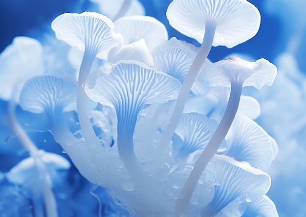 Uitzicht op witte en blauwe paddenstoelen