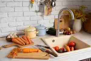 Gratis foto uitzicht op wortelen in de keuken met andere groenten