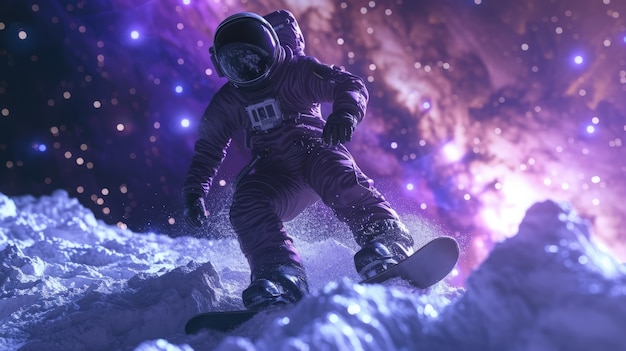 Gratis foto uitzicht van een astronaut in een ruimtetuig die snowboardt op de maan