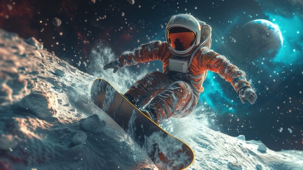 Gratis foto uitzicht van een astronaut in een ruimtetuig die snowboardt op de maan