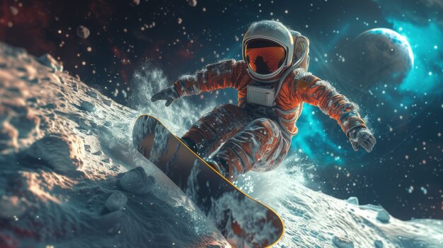 Uitzicht van een astronaut in een ruimtetuig die snowboardt op de maan