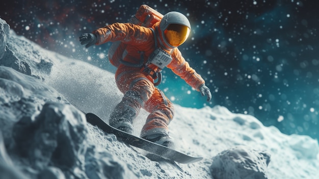 Gratis foto uitzicht van een astronaut in een ruimtetuig die snowboardt op de maan