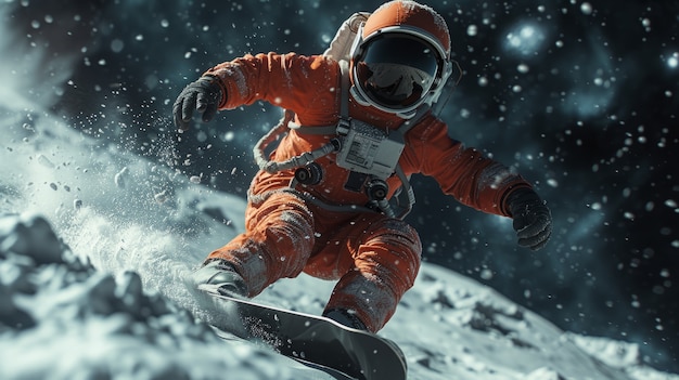 Uitzicht van een astronaut in een ruimtetuig die snowboardt op de maan