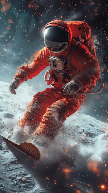 Uitzicht van een astronaut in een ruimtetuig die snowboardt op de maan