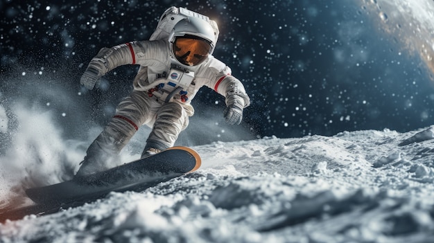 Gratis foto uitzicht van een astronaut in een ruimtetuig die snowboardt op de maan