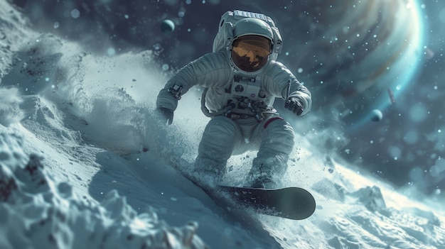 Gratis foto uitzicht van een astronaut in een ruimtetuig die snowboardt op de maan