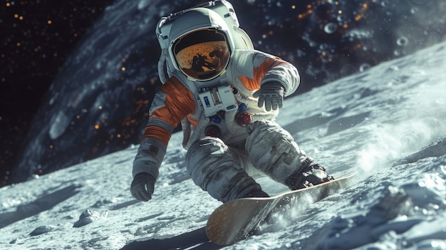 Gratis foto uitzicht van een astronaut in een ruimtetuig die snowboardt op de maan