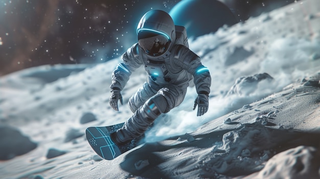 Gratis foto uitzicht van een astronaut in een ruimtetuig die snowboardt op de maan