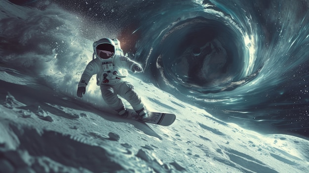 Uitzicht van een astronaut in een ruimtetuig die snowboardt op de maan