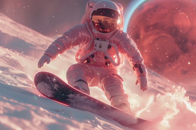 Gratis foto uitzicht van een astronaut in een ruimtetuig die snowboardt op de maan