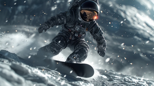 Gratis foto uitzicht van een astronaut in een ruimtetuig die snowboardt op de maan