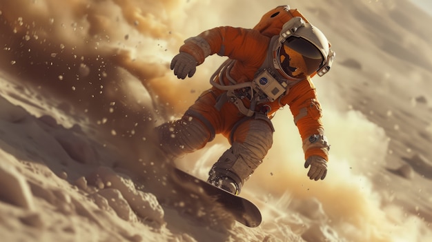 Uitzicht van een astronaut in een ruimtetuig die snowboardt op de maan