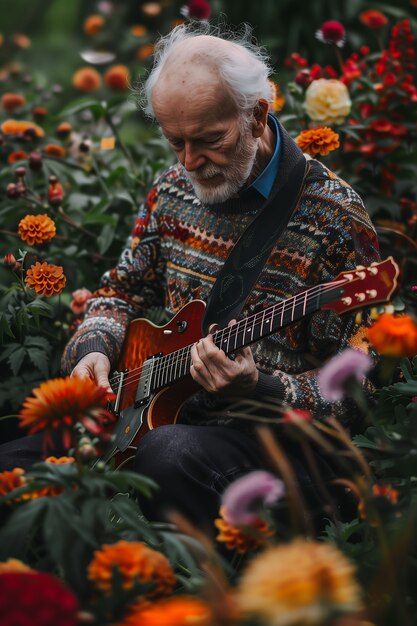 Uitzicht van een man die een elektrische gitaar speelt