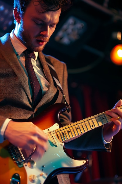 Gratis foto uitzicht van een man die een elektrische gitaar speelt