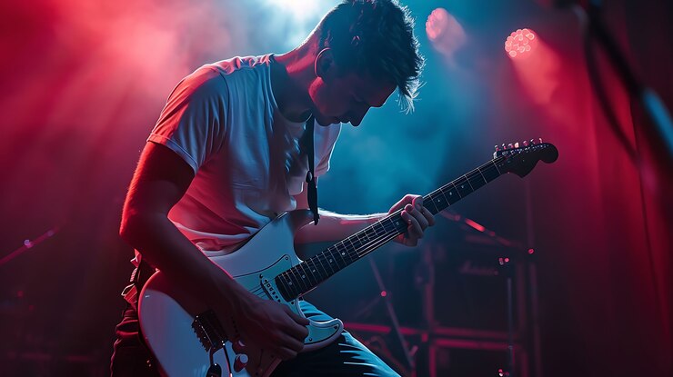 Gratis Foto uitzicht van een man die een elektrische gitaar speelt