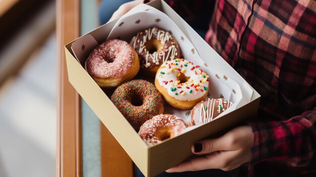 Gratis foto uitzicht van een persoon die een doos met heerlijke geglazuurde donuts vasthoudt