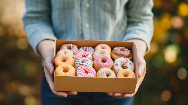 Gratis foto uitzicht van een persoon die een doos met heerlijke geglazuurde donuts vasthoudt