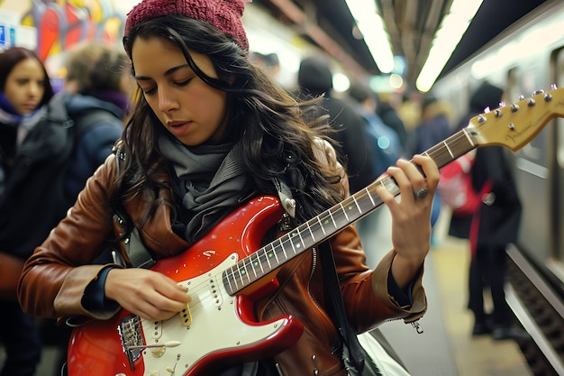 Gratis foto uitzicht van een vrouw die een elektrische gitaar speelt