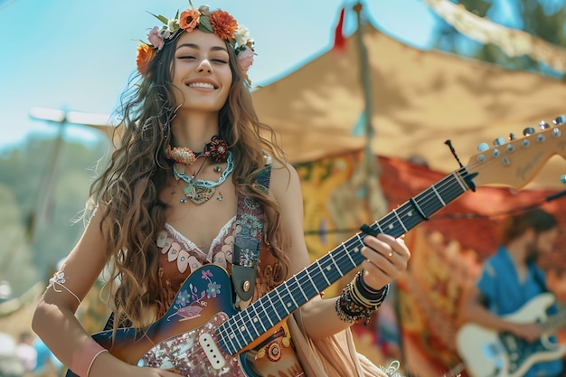 Uitzicht van een vrouw die een elektrische gitaar speelt