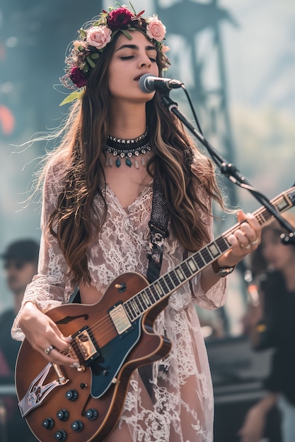 Gratis foto uitzicht van een vrouw die een elektrische gitaar speelt