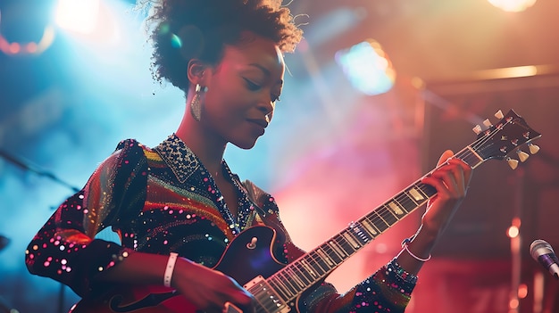 Gratis foto uitzicht van een vrouw die een elektrische gitaar speelt