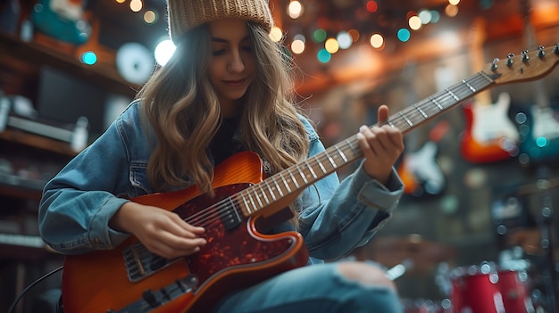 Gratis foto uitzicht van een vrouw die een elektrische gitaar speelt