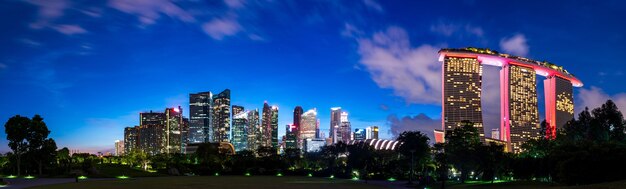 Ultra breed panorama van de skyline van Singapore in de schemering