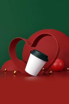 Valentijnsdag concept. witte kop koffie op groene en rode achtergrond. 3d illustratie