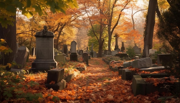 Gratis foto vallende bladeren op spookachtige grafstenen in de herfst gegenereerd door ai