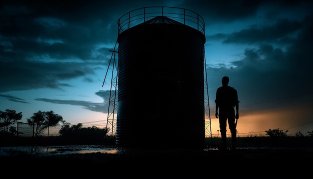 Van achteren verlicht silhouet van bouwvakkers die raffinaderij bouwen, gegenereerd door AI