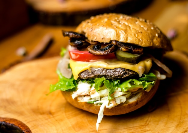 Van de de koolslakomkommer van de vleeshamburger van de de komkommertomaat de kaas zijaanzicht als paddestoelen uit de grond