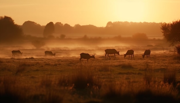 Gratis foto vee grazen in rustige weide bij zonsondergang gegenereerd door ai