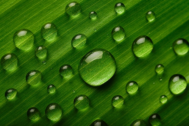 Veel druppels water laten vallen op bananenbladeren