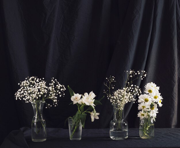 Veel groene planten en bloemen in vazen