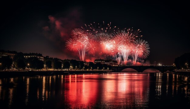 Veelkleurig vuurwerk verlicht de skyline van de stad 's nachts gegenereerd door AI